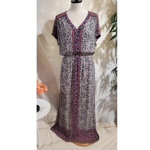 Lucky Brand V-Neck Boho Floral Maxi Dress Size M Hippie Cottagecore Prairie